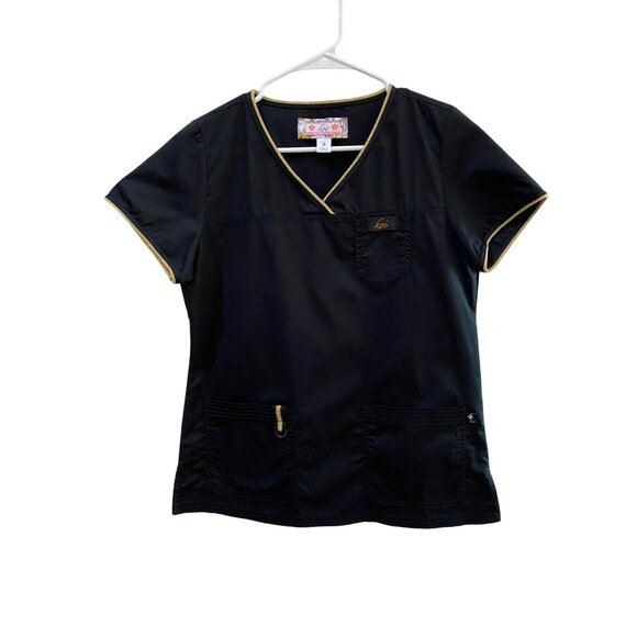 Koi Limited Edition Nicole Black Scrub Top Style 247C W/ Gold Trim S Womens V-Ne - Picture 2 of 6